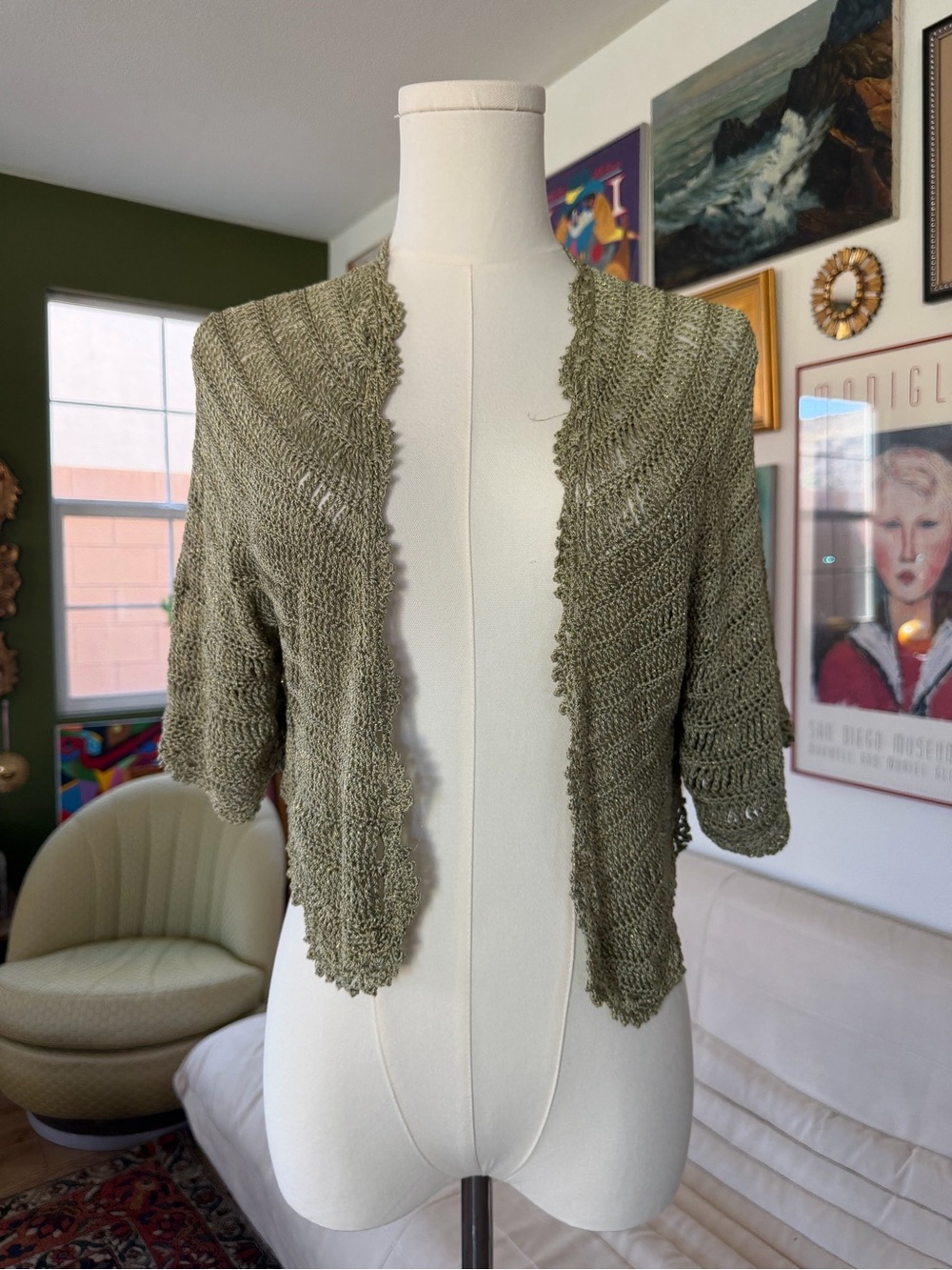 Vintage Sage Green Hand Crocheted Open Shawl/Shrug/Capelet